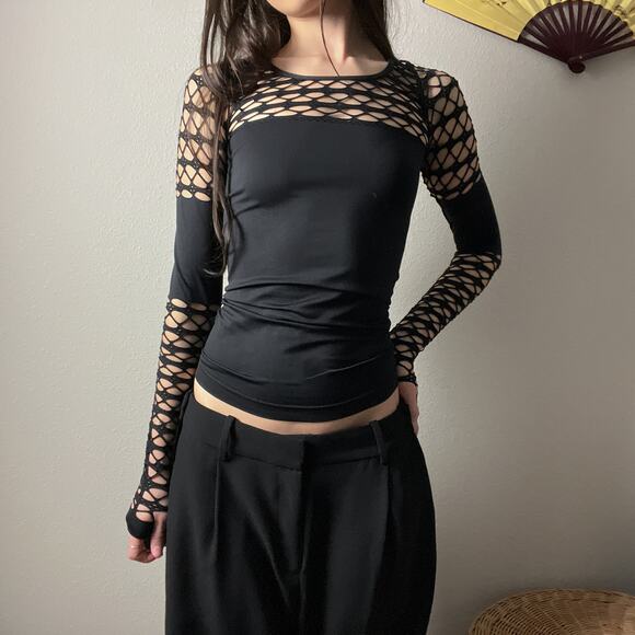 y2k venus black fitted fishnet minimalist long sleeve festival rave goth top - Picture 5 of 6